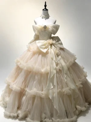Sweet 16 Dress Cream Off Shoulder Big Bow Floral Beaded Ruffled Tiered Tulle Ball Gown