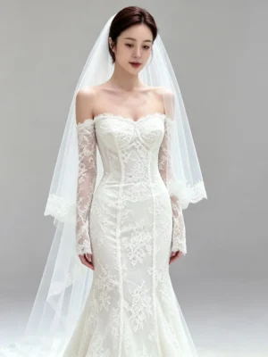 Off the Shoulder Lace Long Sleeve Mermaid Gown