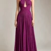 Purple Cross Waist Pleated Chiffon Formal Evening Gown