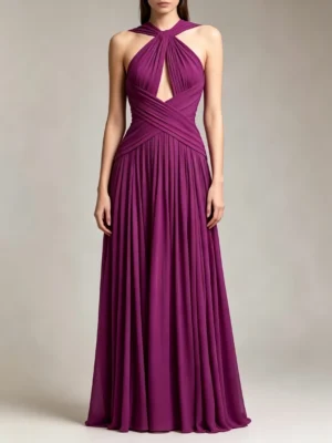 Purple Cross Waist Pleated Chiffon Formal Evening Gown