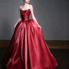 Wine Red Pleated Satin Formal Princess Evening Dress