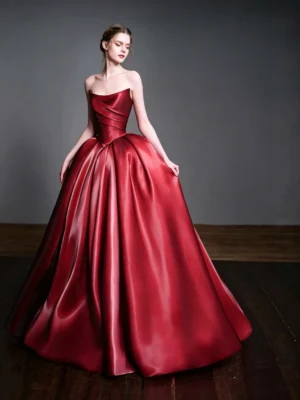 Wine Red Pleated Satin Formal Princess Evening Dress