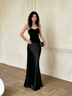 Strapless Lace Bustier Silky Satin Long Skirt Formal Outfit